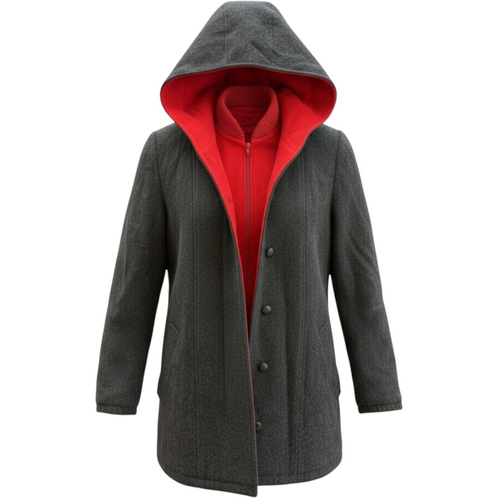 Authentic Mackintosh Vestcoat Jacket Men L Hooded Wool Blend Grey Red Layered